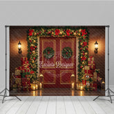 Aperturee - Aperturee Christmas Red Door Photography Backdrop Brick Wall with Garland and Presents Holiday Mini Session Background